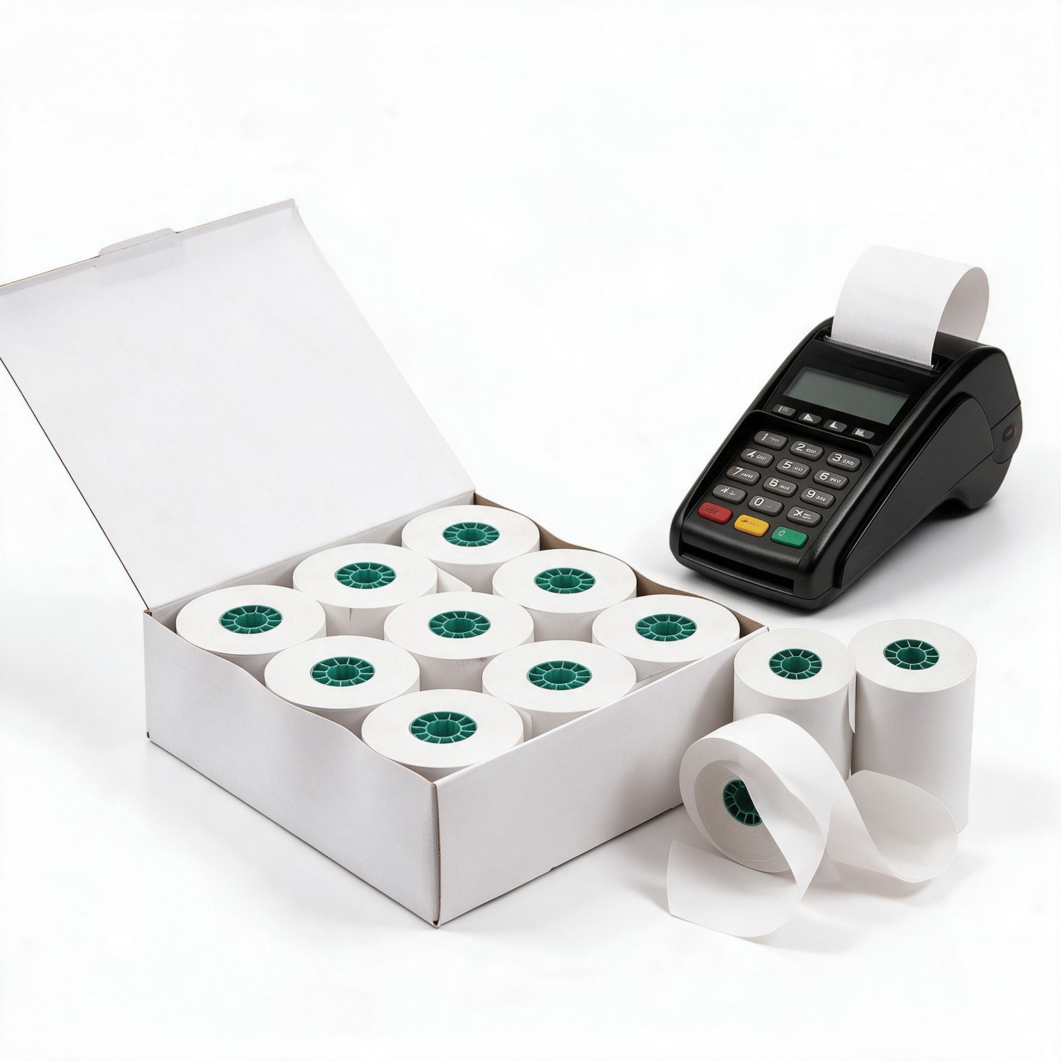 Caja abierta con nueve rollos de papel térmico Megafax de núcleo verde junto a una terminal punto de venta imprimiendo un ticket